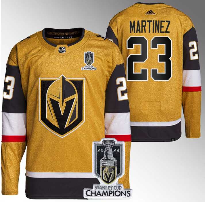 Men%27s Vegas Golden Knights #23 Alec Martinez Gold 2023 Stanley Cup Champions Stitched Jersey